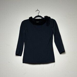 VTG Joseph A Viscose Trimmed Fur Collar Scoop Neck Shirt Sweater Women Black 90s